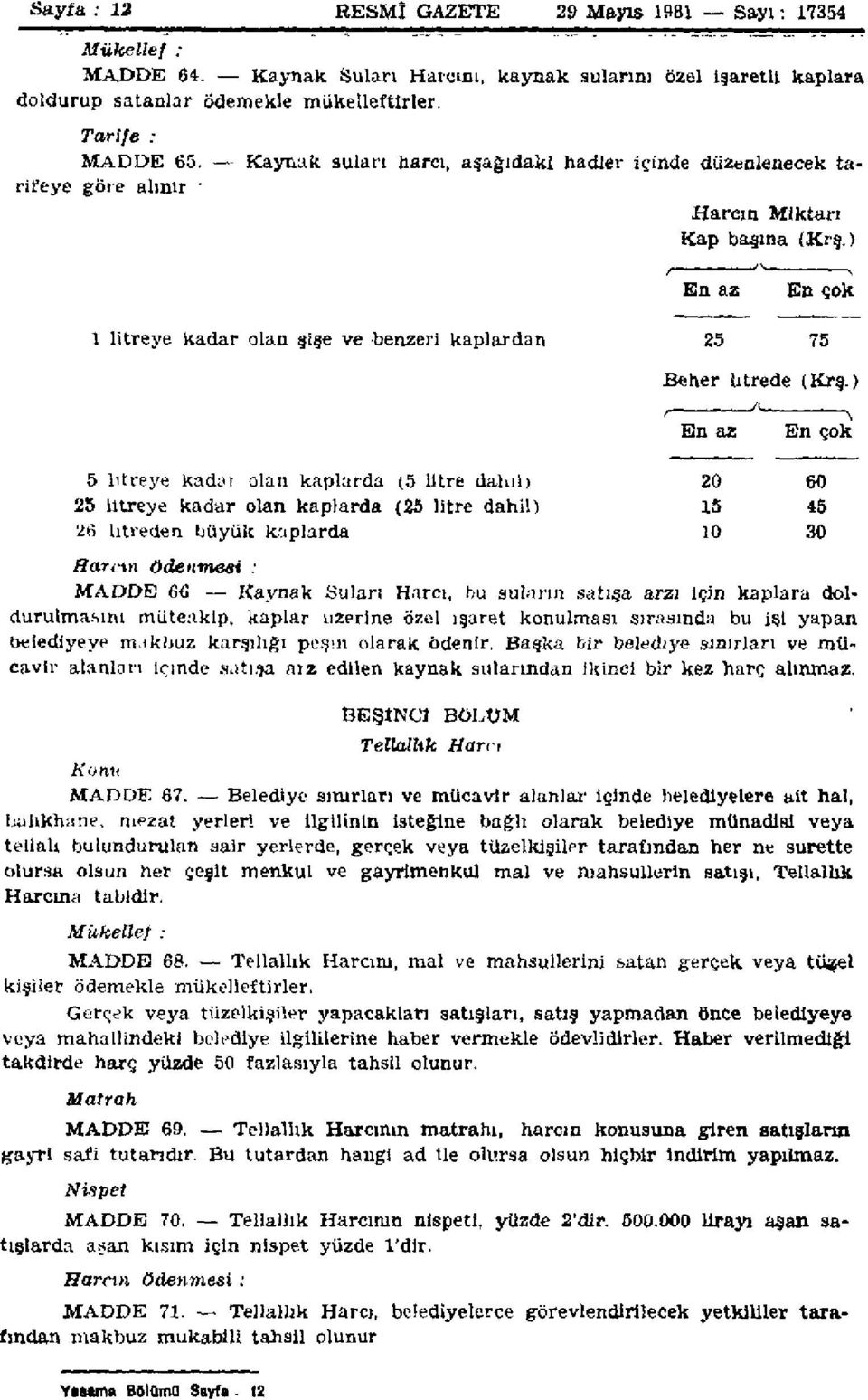 ) En az En çok 5 litreye kadar olan kaplarda (5 litre dahil) 20 60 25 litreye kadar olan kaplarda (25 litre dahil) 15 45 26 litreden büyük kaplarda 10 30 Harcın ödenmesi : MADDE 66 Kaynak Suları