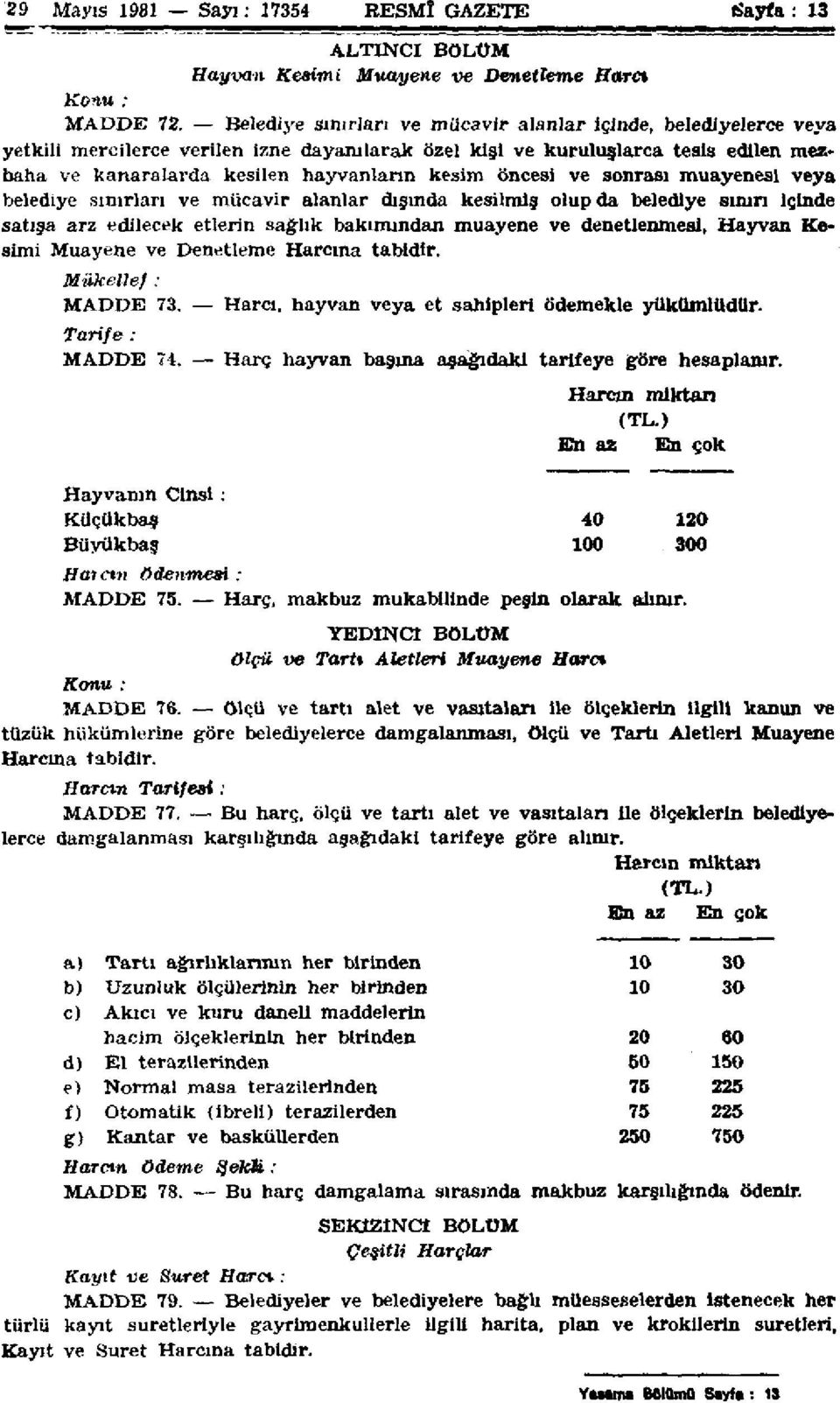 öncesi ve sonrası muayenesi veya belediye sınırları ve mücavir alanlar dışında kesilmiş olup da belediye sınırı İçinde satışa arz edilecek etlerin sağlık bakımından muayene ve denetlenmesi, Hayvan