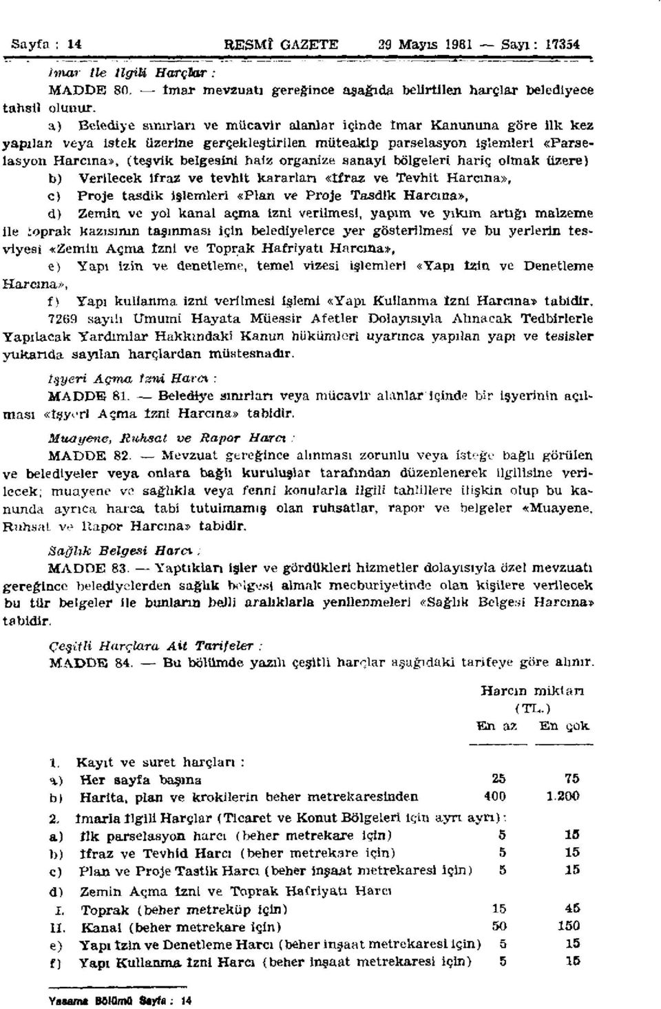 organize sanayi bölgeleri hariç olmak üzere) b) Verilecek ifraz ve tevhit kararları «İfraz ve Tevhit Harcına», c) Proje tasdik işlemleri «Plan ve Proje Tasdik Harcına», d) Zemin ve yol kanal açma