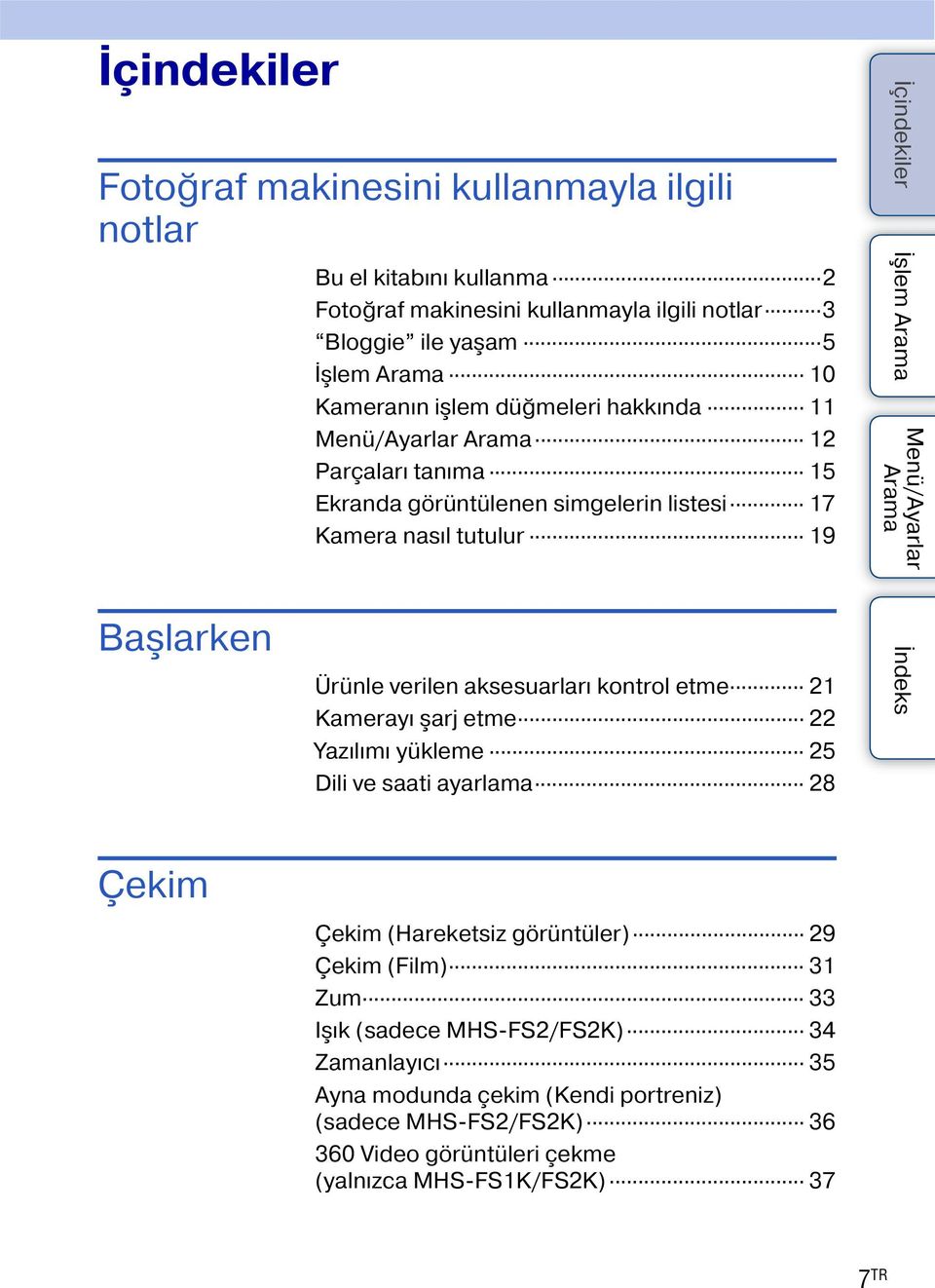 aksesuarları kontrol etme 21 Kamerayı şarj etme 22 Yazılımı yükleme 25 Dili ve saati ayarlama 28 Çekim Çekim (Hareketsiz görüntüler) 29 Çekim (Film) 31 Zum 33