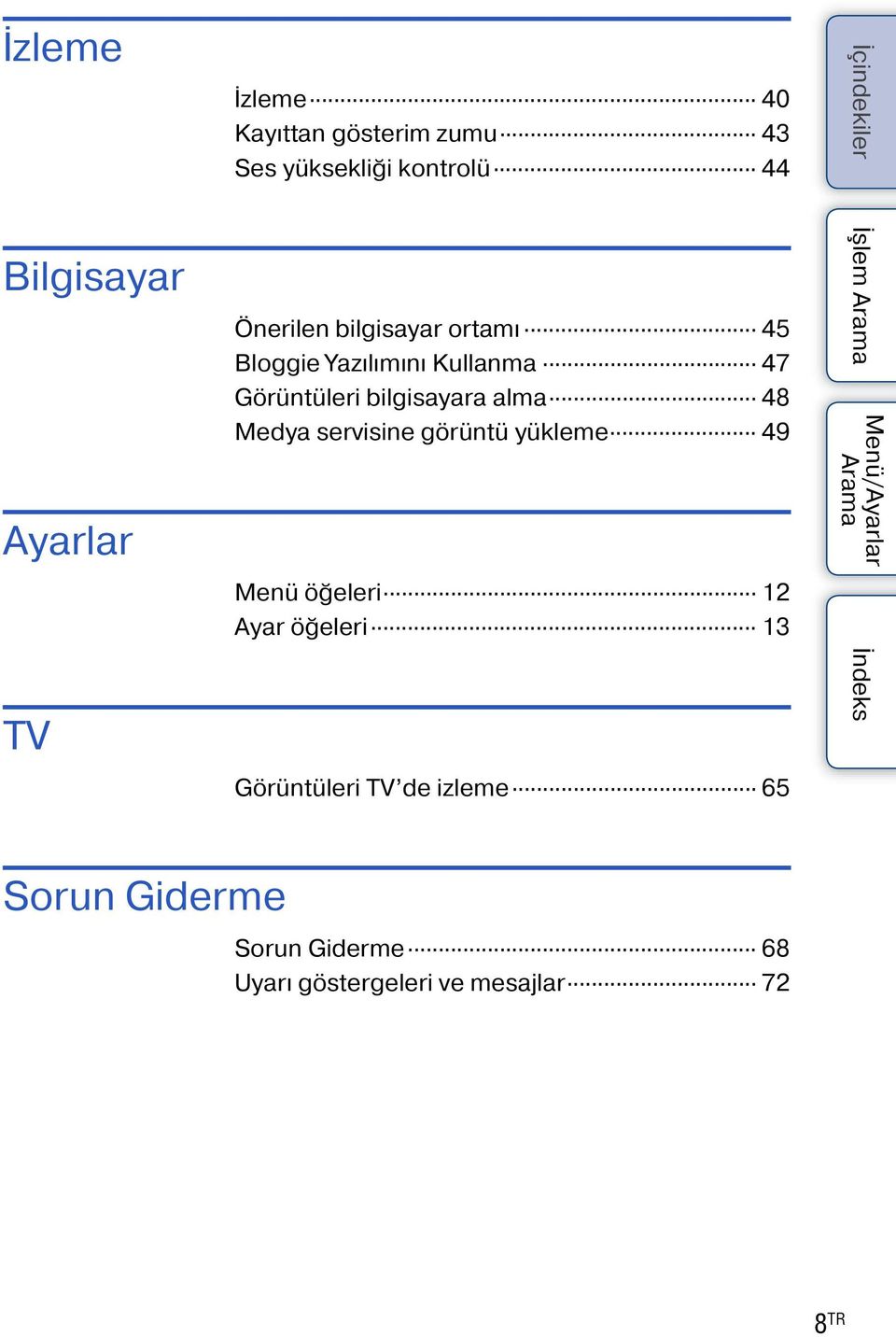 bilgisayara alma 48 Medya servisine görüntü yükleme 49 Menü öğeleri 12 Ayar öğeleri 13