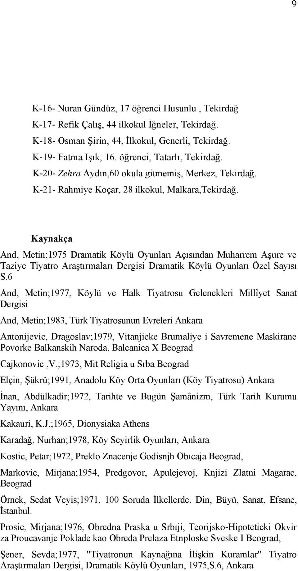 Kaynakça And, Metin;1975 Dramatik Köylü Oyunları Açısından Muharrem Aşure ve Taziye Tiyatro Araştırmaları Dergisi Dramatik Köylü Oyunları Özel Sayısı S.