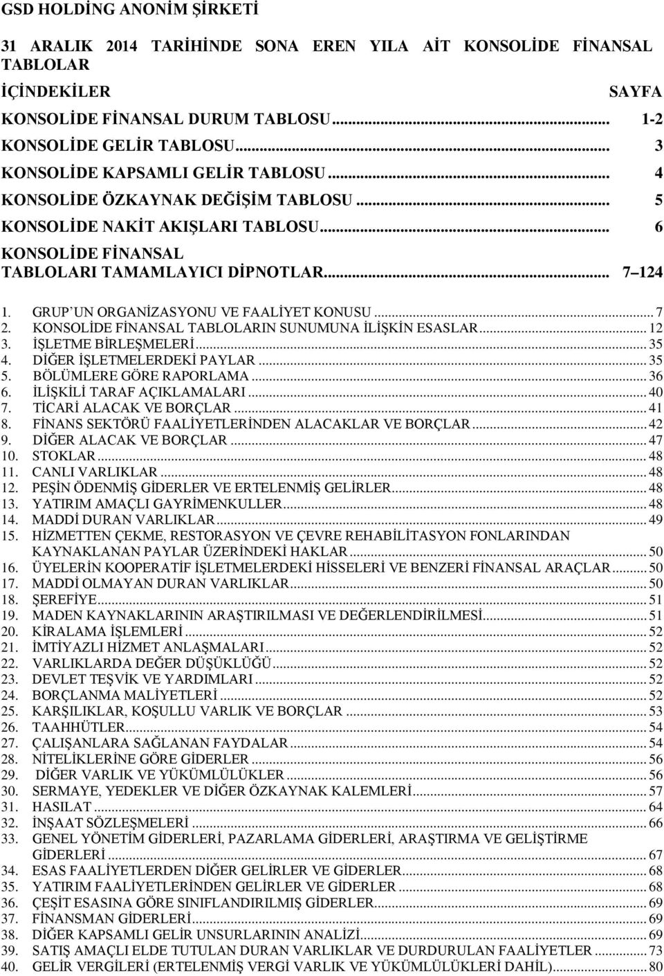 KONSOLİDE FİNANSAL TABLOLARIN SUNUMUNA İLİŞKİN ESASLAR... 12 3. İŞLETME BİRLEŞMELERİ... 35 4. DİĞER İŞLETMELERDEKİ PAYLAR... 35 5. BÖLÜMLERE GÖRE RAPORLAMA... 36 6. İLİŞKİLİ TARAF AÇIKLAMALARI... 40 7.