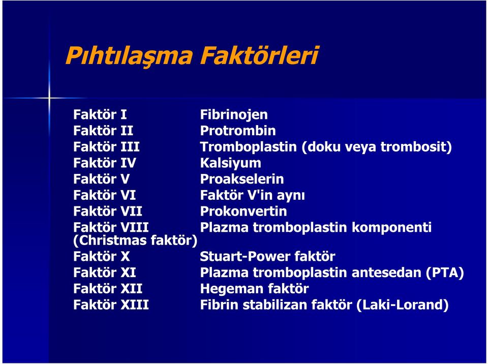 Faktör VIII Plazma tromboplastin komponenti (Christmas faktör) Faktör X Stuart-Power faktör Faktör XI