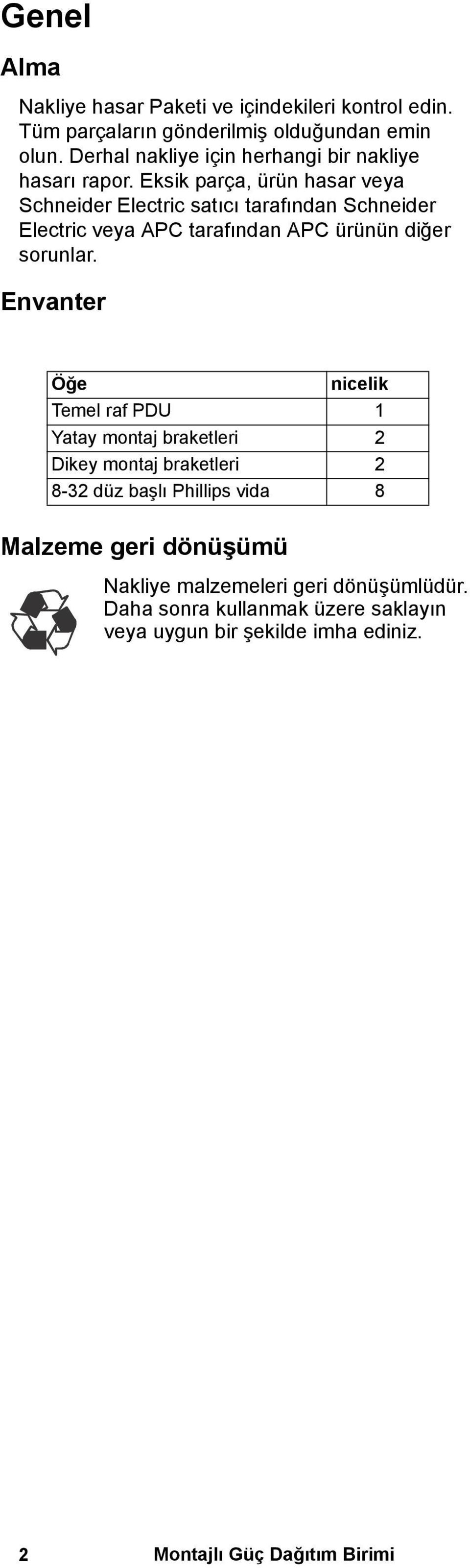 Eksik parça, ürün hasar veya Schneider Electric satıcı tarafından Schneider Electric veya APC tarafından APC ürünün diğer sorunlar.