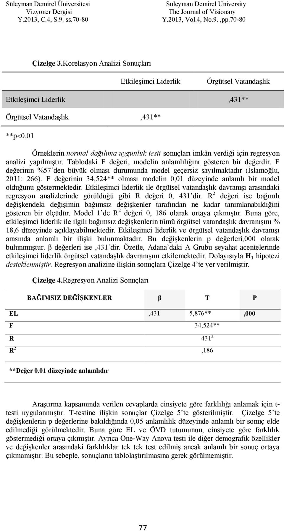 için regresyon analizi yapılmıştır. Tablodaki F değeri, modelin anlamlılığını gösteren bir değerdir. F değerinin %57 den büyük olması durumunda model geçersiz sayılmaktadır (İslamoğlu, 2011: 266).