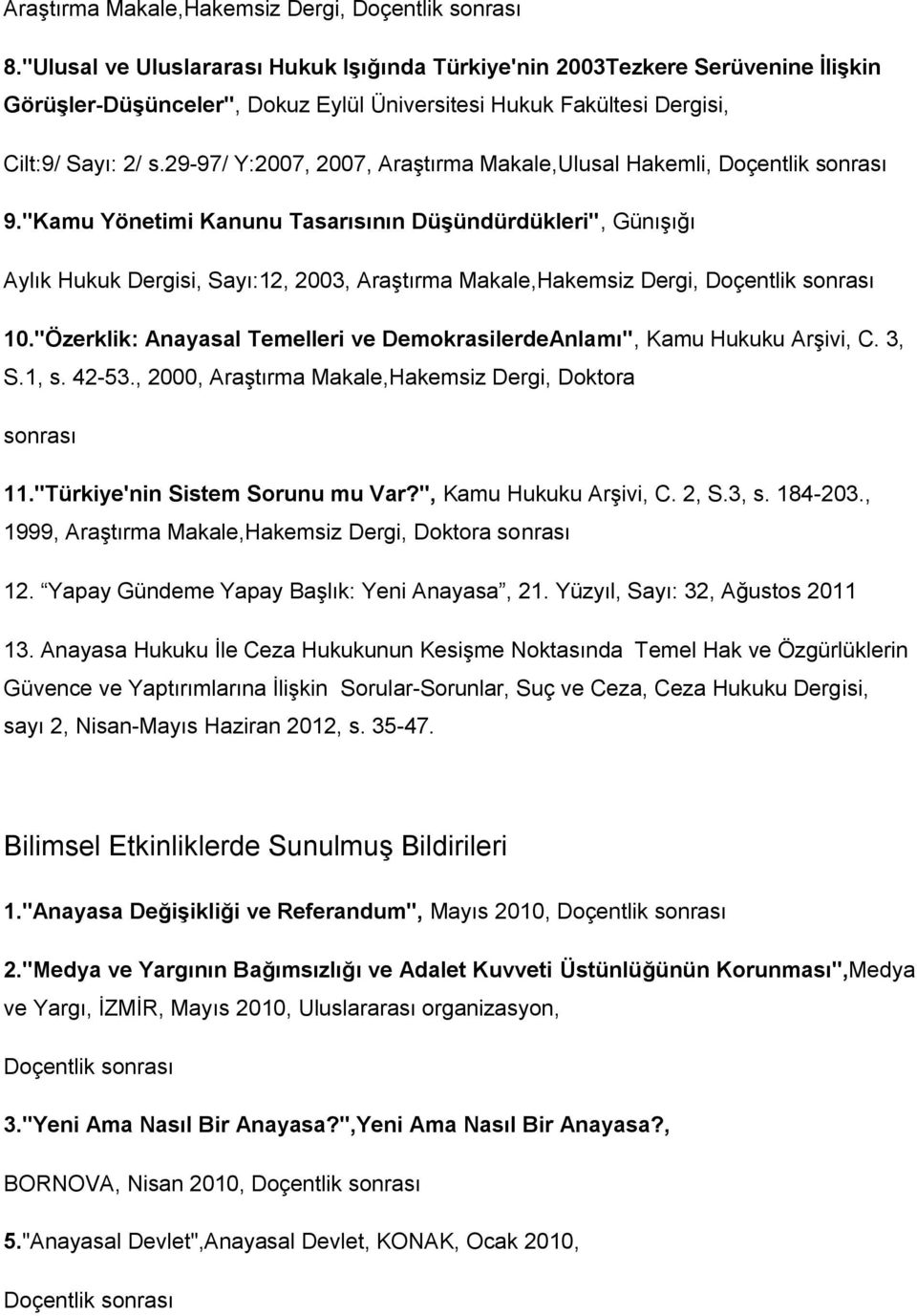 29-97/ Y:2007, 2007, Araştırma Makale,Ulusal Hakemli, 9."Kamu Yönetimi Kanunu Tasarısının Düşündürdükleri", Günışığı Aylık Hukuk Dergisi, Sayı:12, 2003, Araştırma Makale,Hakemsiz Dergi, 10.