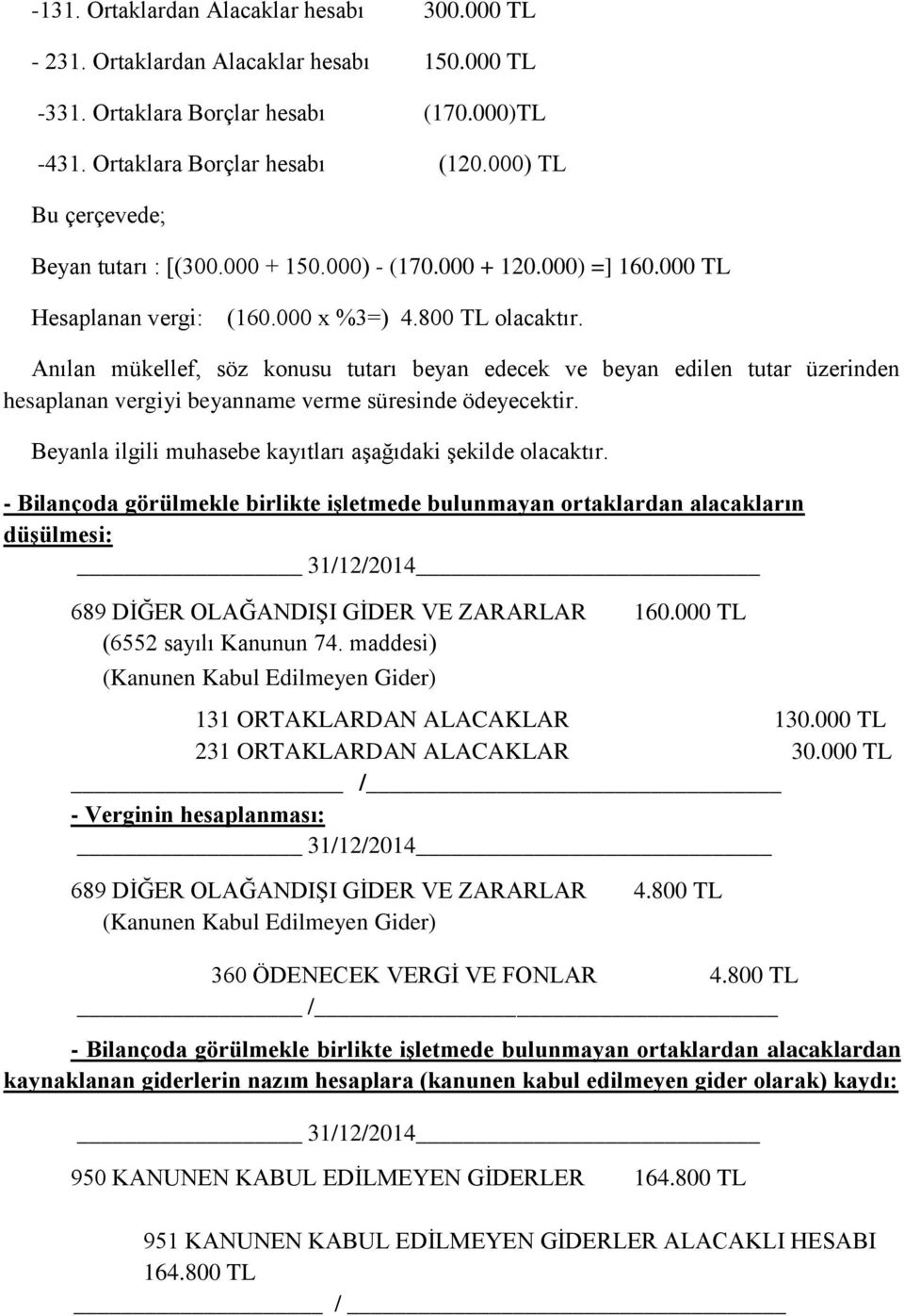 Anılan mükellef, söz konusu tutarı beyan edecek ve beyan edilen tutar üzerinden hesaplanan vergiyi beyanname verme süresinde ödeyecektir. Beyanla ilgili muhasebe kayıtları aşağıdaki şekilde olacaktır.