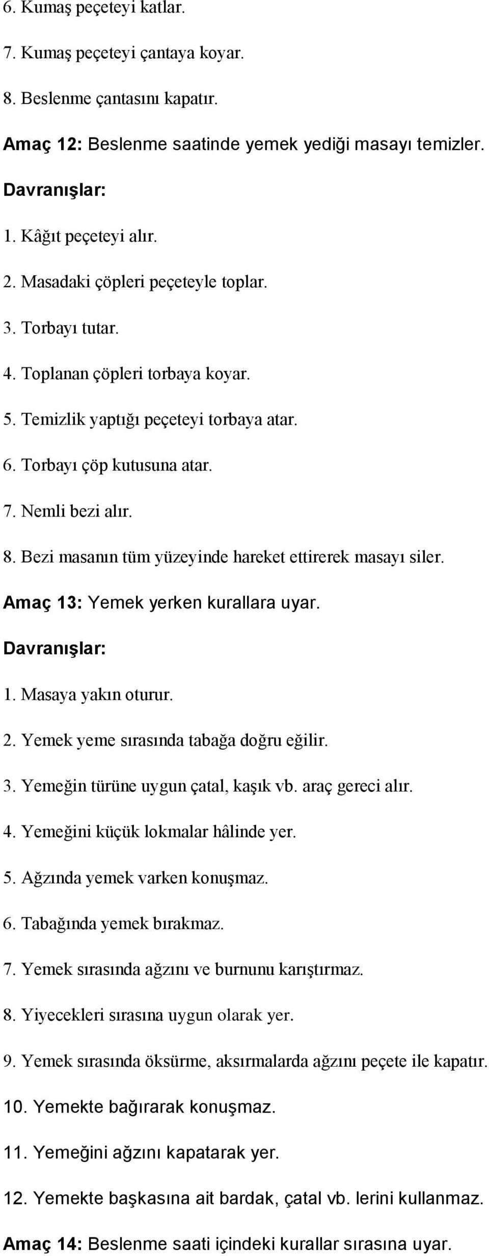 Bezi masanın tüm yüzeyinde hareket ettirerek masayı siler. Amaç 13: Yemek yerken kurallara uyar. 1. Masaya yakın oturur. 2. Yemek yeme sırasında tabağa doğru eğilir. 3.