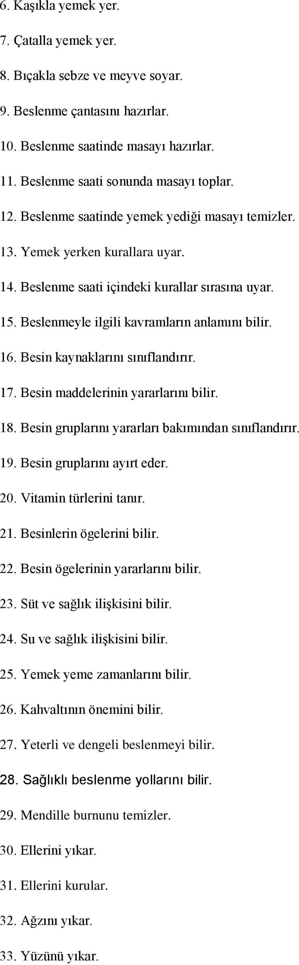 Besin kaynaklarını sınıflandırır. 17. Besin maddelerinin yararlarını bilir. 18. Besin gruplarını yararları bakımından sınıflandırır. 19. Besin gruplarını ayırt eder. 20. Vitamin türlerini tanır. 21.