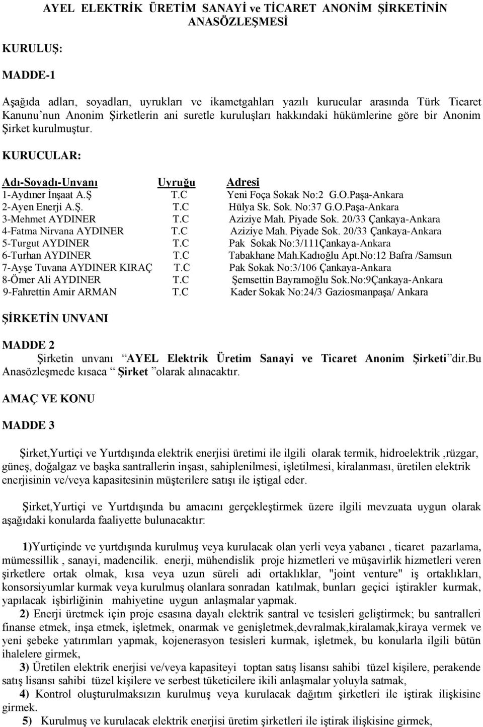 Paşa-Ankara 2-Ayen Enerji A.Ş. T.C Hülya Sk. Sok. No:37 G.O.Paşa-Ankara 3-Mehmet AYDINER T.C Aziziye Mah. Piyade Sok. 20/33 Çankaya-Ankara 4-Fatma Nirvana AYDINER T.C Aziziye Mah. Piyade Sok. 20/33 Çankaya-Ankara 5-Turgut AYDINER T.