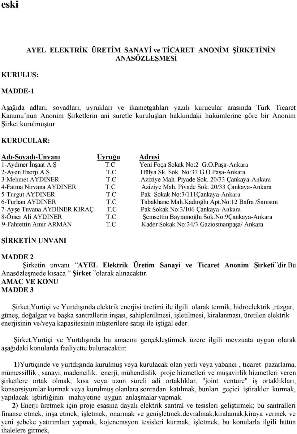 Paşa-Ankara 2-Ayen Enerji A.Ş. T.C Hülya Sk. Sok. No:37 G.O.Paşa-Ankara 3-Mehmet AYDINER T.C Aziziye Mah. Piyade Sok. 20/33 Çankaya-Ankara 4-Fatma Nirvana AYDINER T.C Aziziye Mah. Piyade Sok. 20/33 Çankaya-Ankara 5-Turgut AYDINER T.