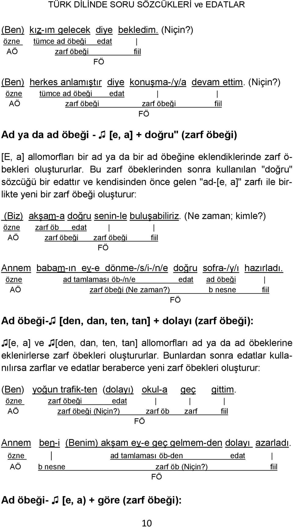 ) özne tümce ad öbeği edat AÖ zarf öbeği zarf öbeği fiil Ad ya da ad öbeği - [e, a] + doğru" (zarf öbeği) [E, a] allomorfları bir ad ya da bir ad öbeğine eklendiklerinde zarf ö- bekleri oluştururlar.