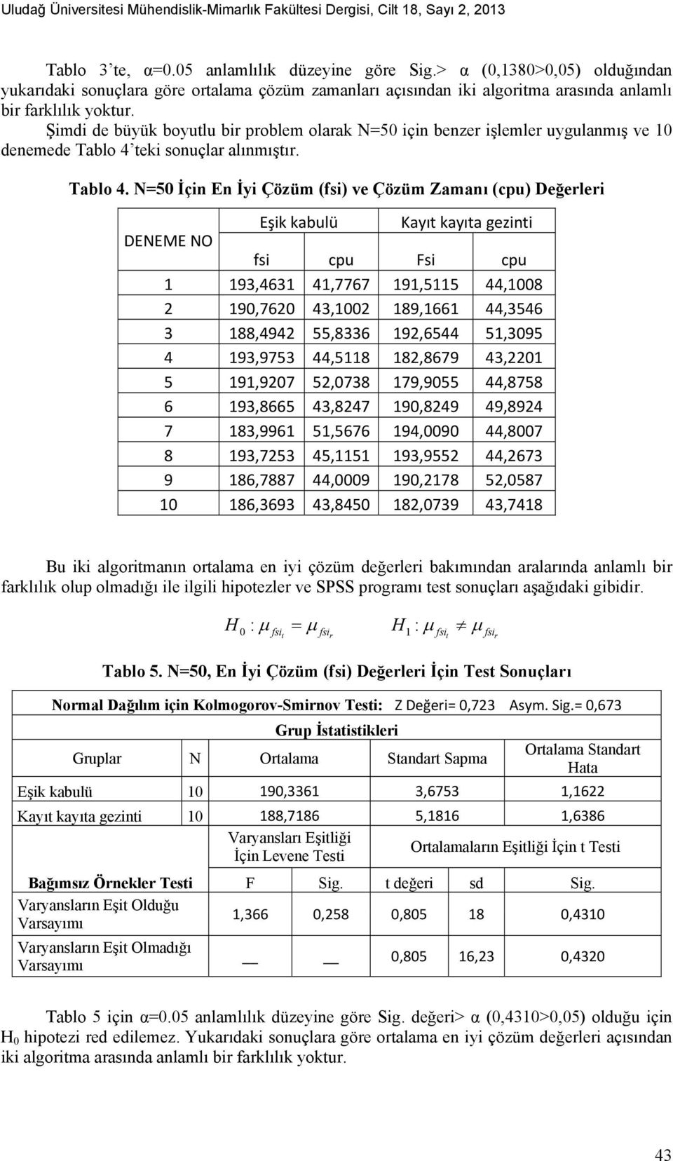 Şimdi de büyük boyutlu bir problem olarak N=50 için benzer işlemler uygulanmış ve 10 denemede Tablo 4 