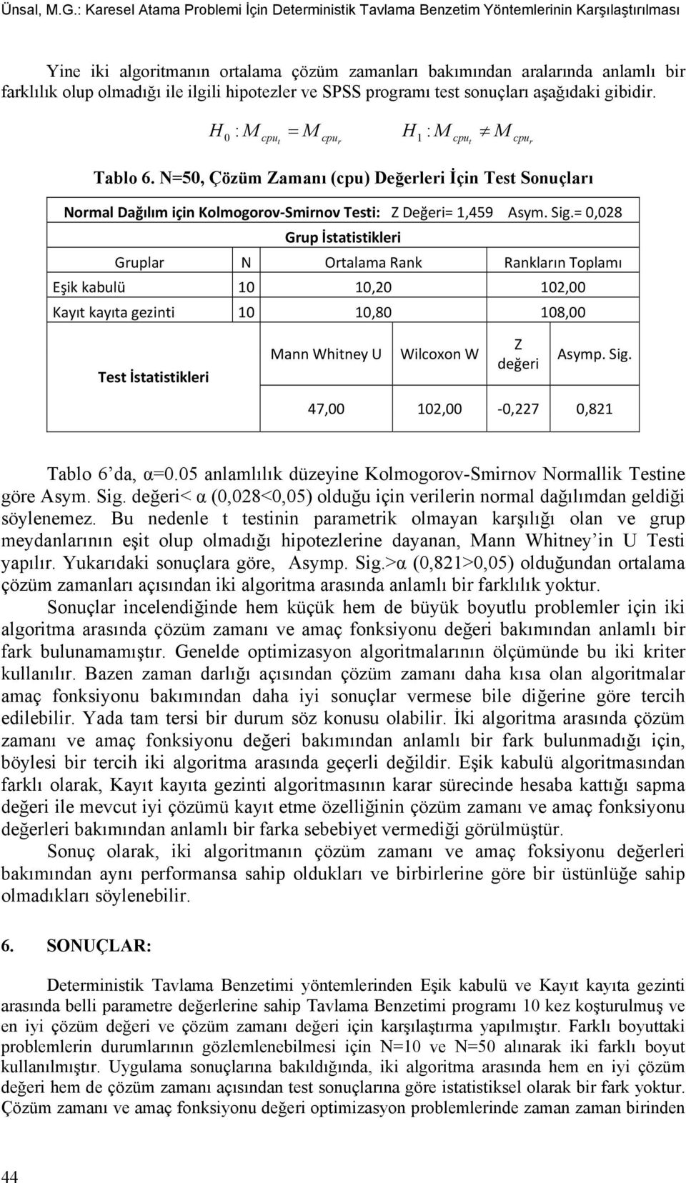 ile ilgili hipotezler ve SPSS programı test sonuçları aşağıdaki gibidir. H : M M H : M M 0 cput cpur 1 cput cpur Tablo 6.