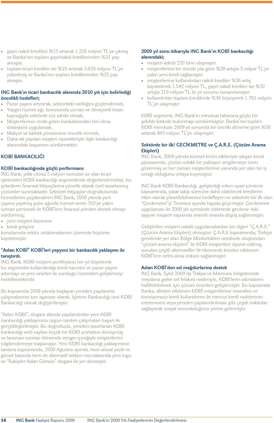 ING Bank ın ticari bankacılık alanında 2010 yılı için belirlediği öncelikli hedefleri; Pazar payını artırarak, sektördeki varlılığını güçlendirmek, Yaygın hizmet ağı, konusunda uzman ve deneyimli