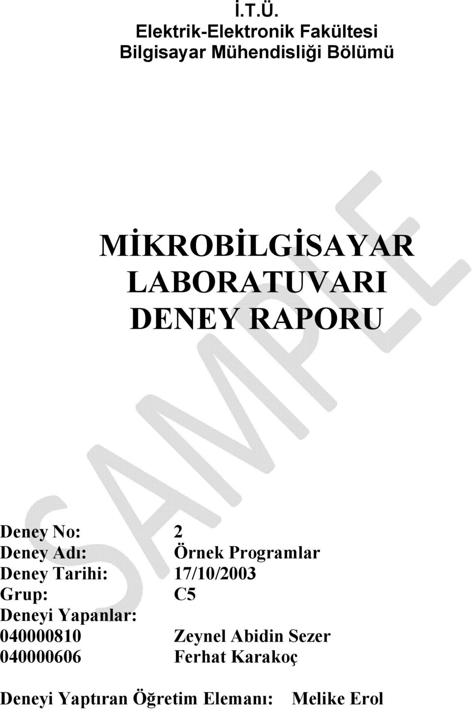 MİKROBİLGİSAYAR LABORATUVARI DENEY RAPORU Deney No: 2 Deney Adı: Örnek