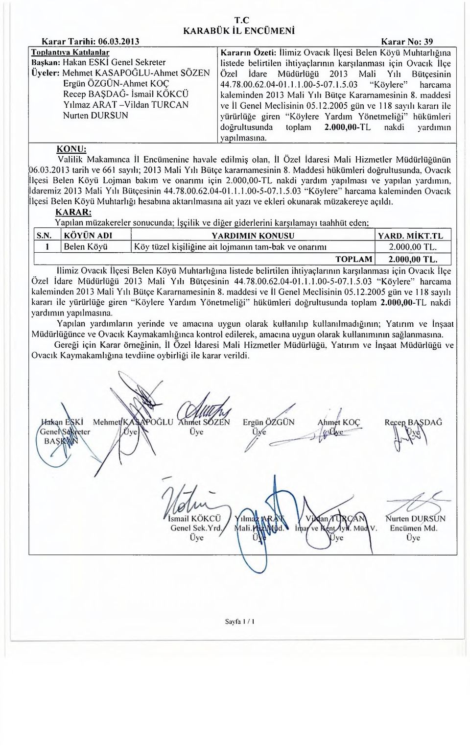 İlçe Özel İdare Müdürlüğü 2013 Mali Yılı Bütçesinin 44.78.00.62.04-01.1.1.00-5-07.1.5.03 Köylere harcama kaleminden 2013 Mali Yılı Bütçe Kararnamesinin 8. maddesi ve İl Genel Meclisinin 05.12.