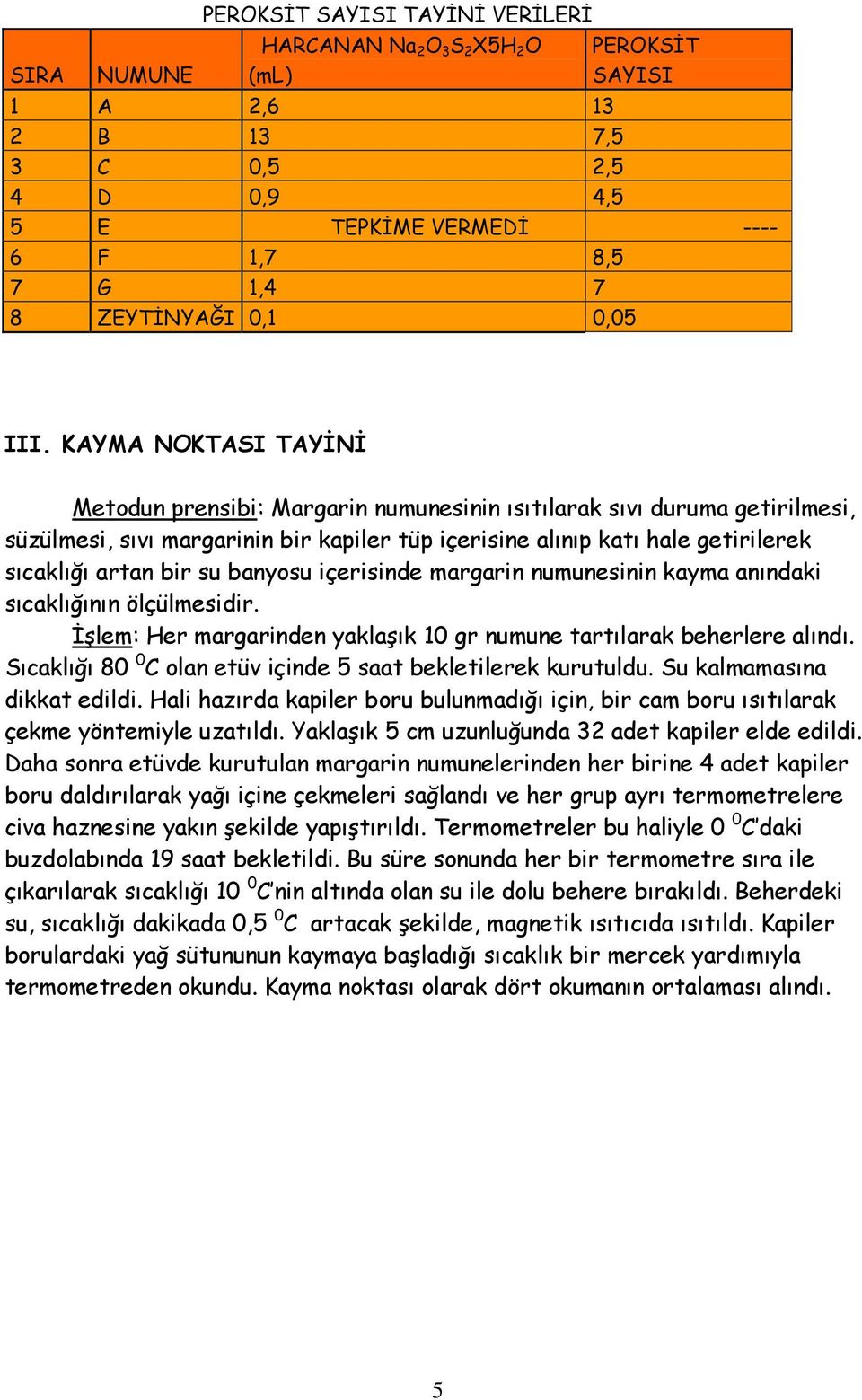 KAYMA NOKTASI TAYİNİ Metodun prensibi: Margarin numunesinin ısıtılarak sıvı duruma getirilmesi, süzülmesi, sıvı margarinin bir kapiler tüp içerisine alınıp katı hale getirilerek sıcaklığı artan bir