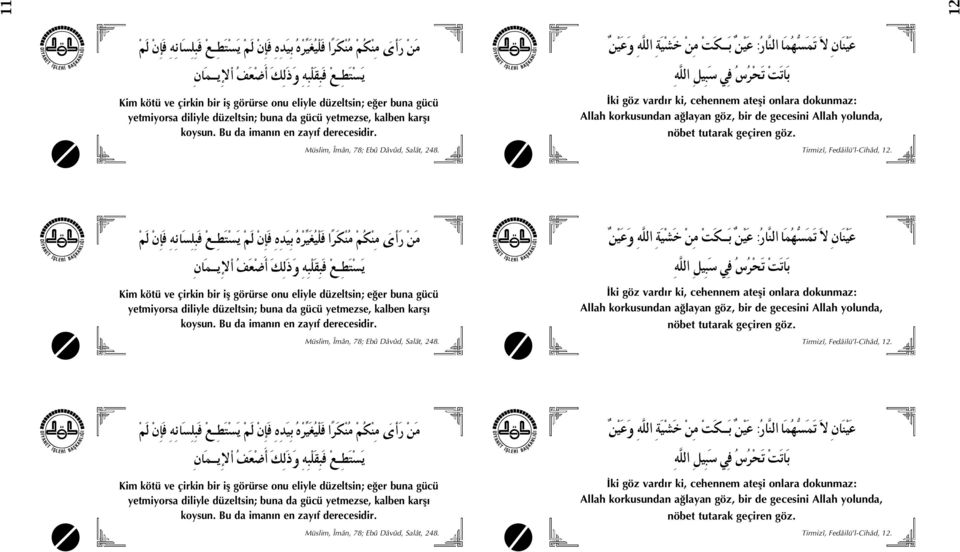 Müslim, Îmân, 78; Ebû Dâvûd, Salât, 248. İki göz vardır ki, cehennem ateşi onlara dokunmaz: Allah korkusundan ağlayan göz, bir de gecesini Allah yolunda, nöbet tutarak geçiren göz.