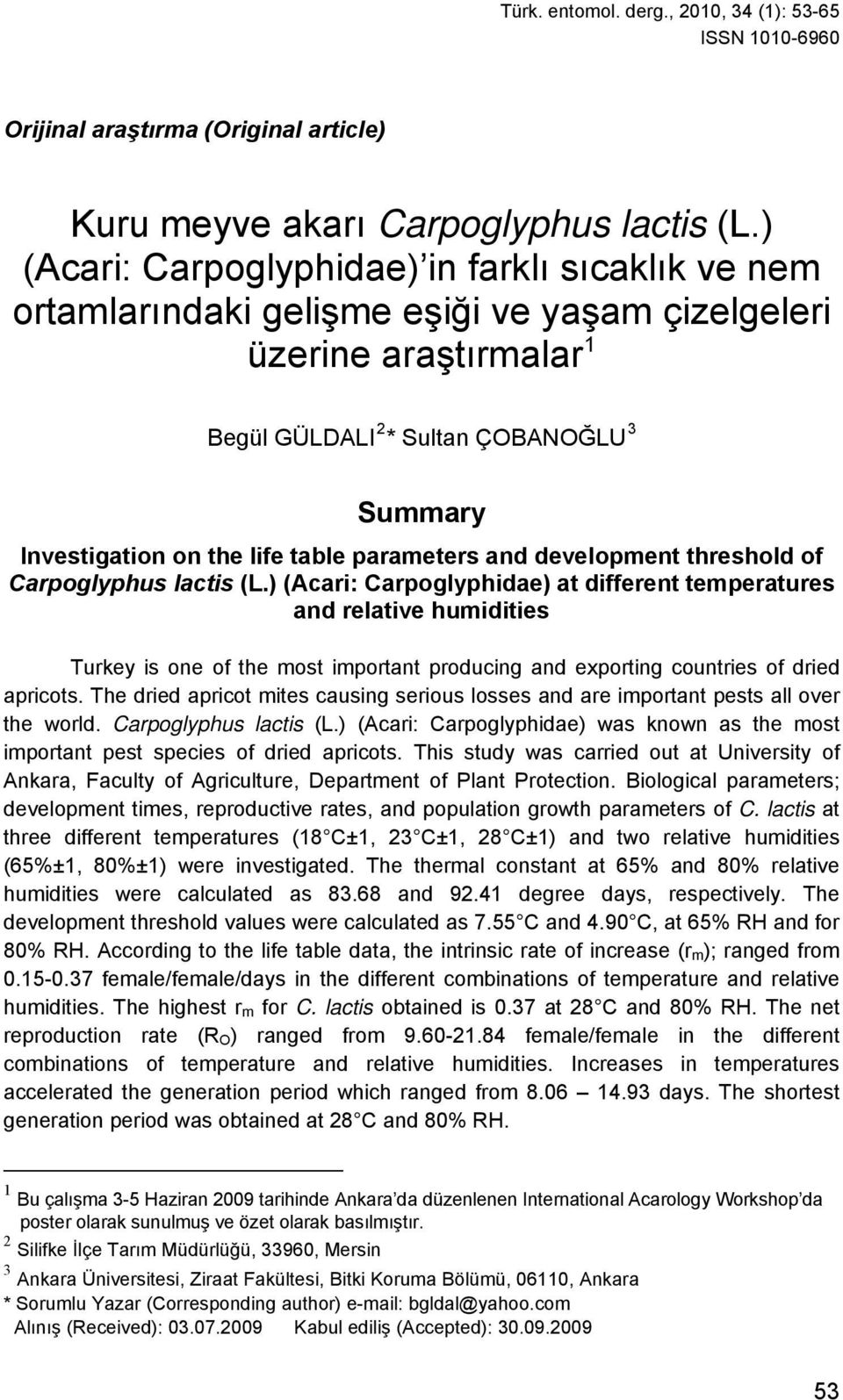 table parameters and development threshold of Carpoglyphus lactis (L.