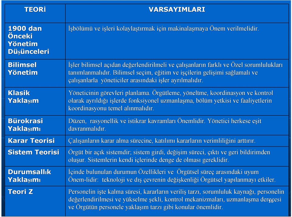 Bilimsel seçim, eğitim e ve işçilerin i ilerin gelişimi imi sağlamal lamalı ve çalışanlarla yöneticiler y arasındaki işler i ayrılmal lmalıdır. Yöneticinin görevleri g planlama.