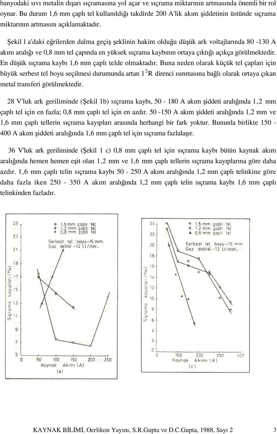 Şekil l a'daki eğrilerden dalma geçiş şeklinin hakim olduğu düşük ark voltajlarında 80-130 A akım aralığı ve 0,8 mm tel çapında en yüksek sıçrama kaybının ortaya çıktığı açıkça görülmektedir.