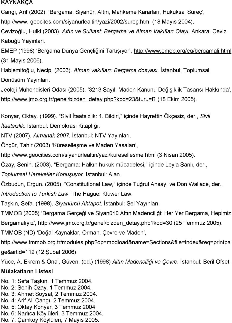 Hablemitoğlu, Necip. (2003). Alman vakıfları: Bergama dosyası. İstanbul: Toplumsal Dönüşüm Yayınları. Jeoloji Mühendisleri Odası (2005).
