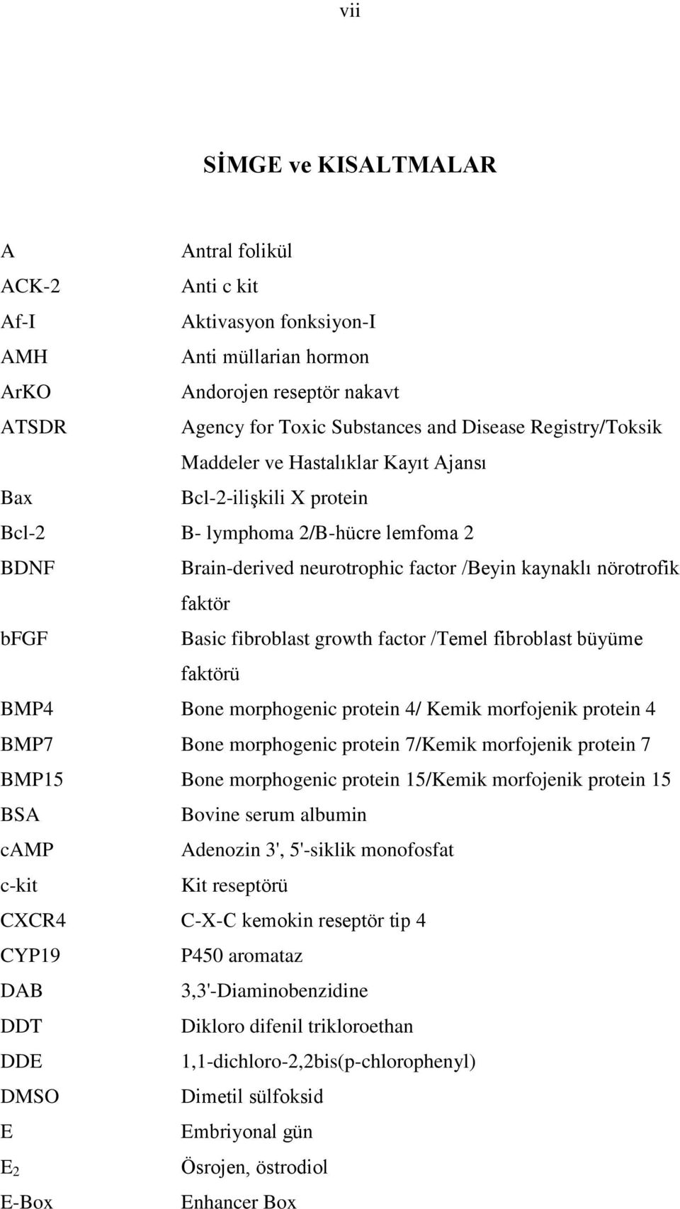 Basic fibroblast growth factor /Temel fibroblast büyüme faktörü BMP4 Bone morphogenic protein 4/ Kemik morfojenik protein 4 BMP7 Bone morphogenic protein 7/Kemik morfojenik protein 7 BMP15 Bone