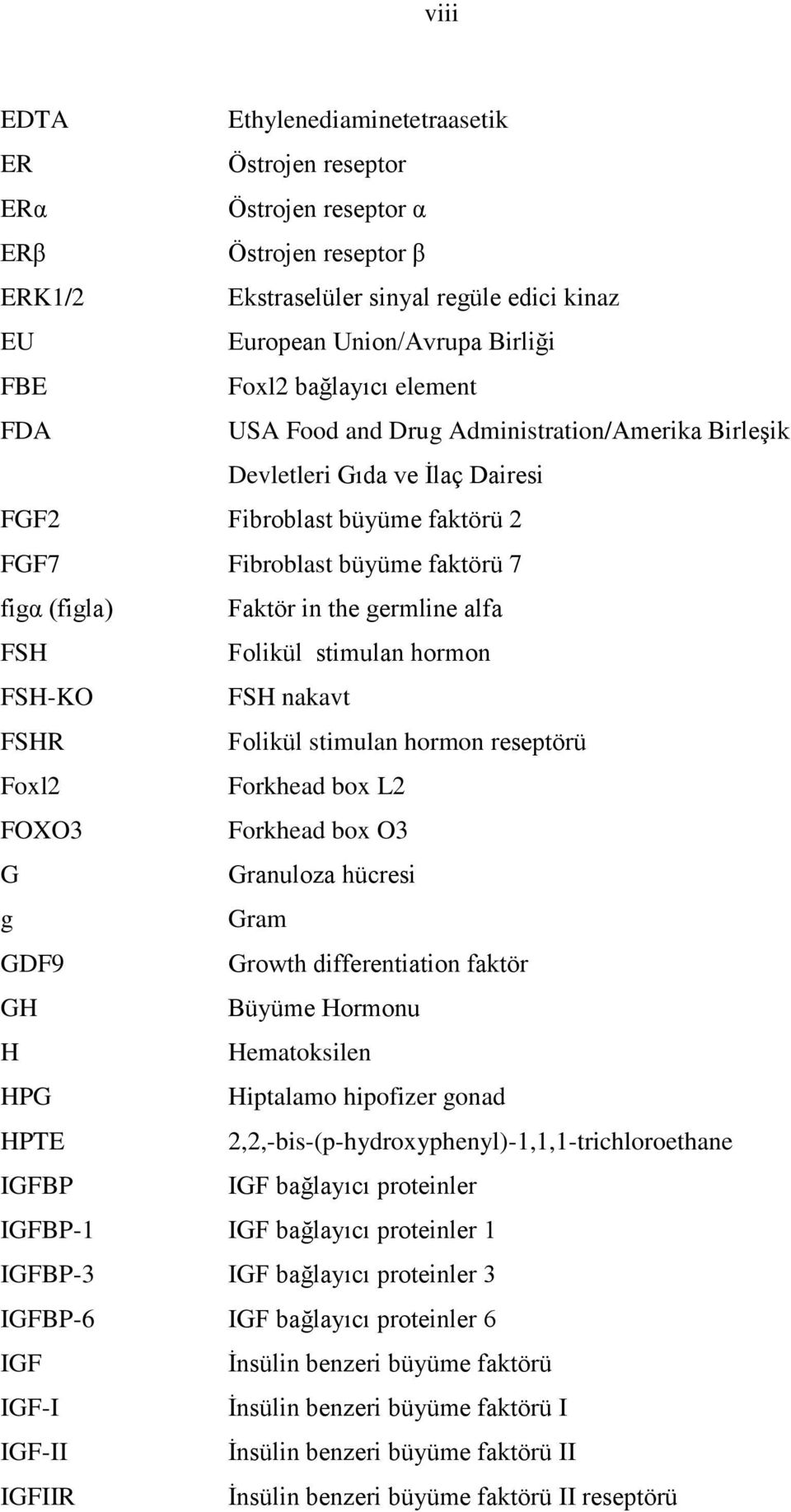 germline alfa FSH Folikül stimulan hormon FSH-KO FSH nakavt FSHR Folikül stimulan hormon reseptörü Foxl2 Forkhead box L2 FOXO3 Forkhead box O3 G Granuloza hücresi g Gram GDF9 Growth differentiation