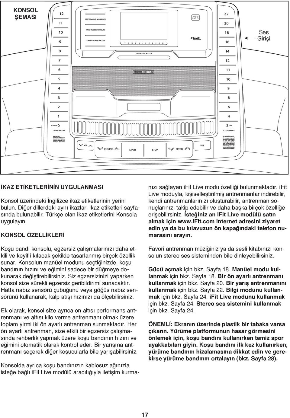 KONSOL ÖZELLİKLERİ Konsolda ayrıca koşu bandınızın kablosuz ağınızla isteğe bağlı ifit Live modülü aracılığıyla iletişim kurma- ETNT209 (NTL209) nızı sağlayan ifit Live modu özelliği bulunmaktadır.