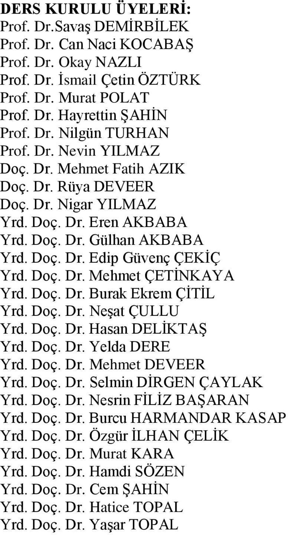 Doç. Dr. Burak Ekrem ÇİTİL Yrd. Doç. Dr. Neşat ÇULLU Yrd. Doç. Dr. Hasan DELİKTAŞ Yrd. Doç. Dr. Yelda DERE Yrd. Doç. Dr. Mehmet DEVEER Yrd. Doç. Dr. Selmin DİRGEN ÇAYLAK Yrd. Doç. Dr. Nesrin FİLİZ BAŞARAN Yrd.