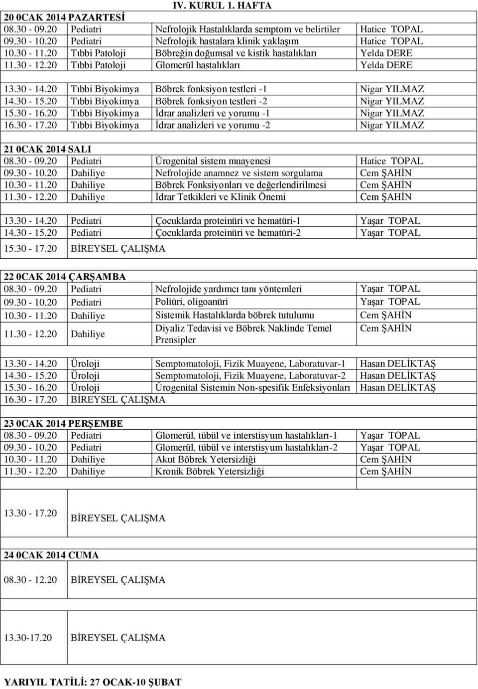 20 Tıbbi Biyokimya Böbrek fonksiyon testleri -1 Nigar YILMAZ Tıbbi Biyokimya Böbrek fonksiyon testleri -2 Nigar YILMAZ 15.30-16.20 Tıbbi Biyokimya İdrar analizleri ve yorumu -1 Nigar YILMAZ 16.30-17.