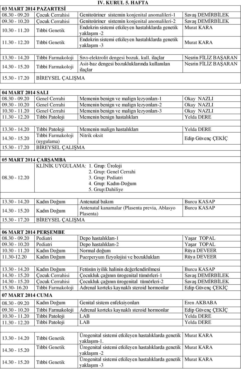 20 Tıbbi Genetik Endokrin sistemi etkileyen hastalıklarda genetik yaklaşım -3 Murat KARA 13.30-14.20 Tıbbi Farmakoloji Sıvı-elektrolit dengesi bozuk. kull.