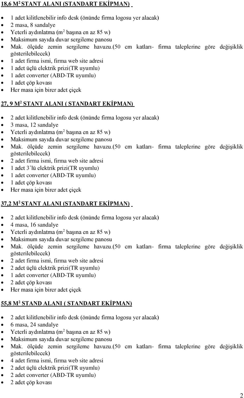 masa, 12 sandalye 2 adet firma ismi, firma web site adresi 1 adet 3 lü elektrik prizi(tr uyumlu) 1 adet converter (ABD-TR uyumlu) 1 adet çöp kovası Her masa için birer adet çiçek 37,2 M 2 STANT ALANI