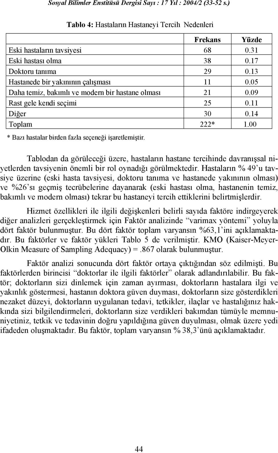 Tablodan da görüleceği üzere, hastaların hastane tercihinde davranışsal niyetlerden tavsiyenin önemli bir rol oynadığı görülmektedir.