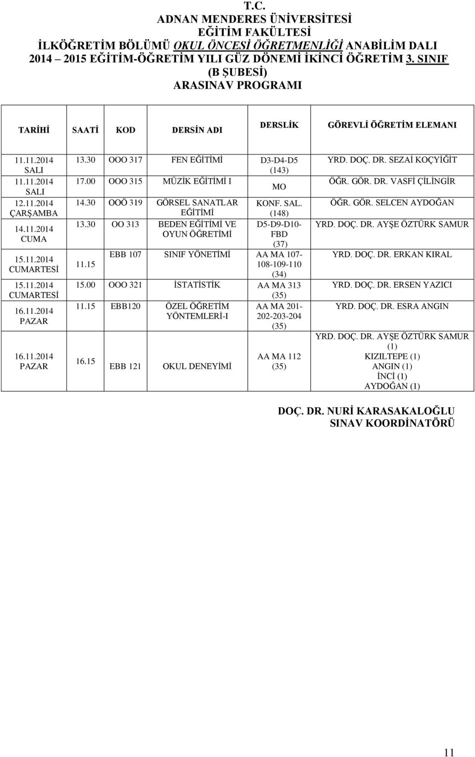30 OO 313 BEDEN EĞİTİMİ VE D5-D9-D10- OYUN ÖĞRETİMİ FBD (37) EBB 107 SINIF YÖNETİMİ AA MA 107-11.15 108-109-110 (34) 15.00 OOO 321 İSTATİSTİK AA MA 313 (35) 11.15 EBB120 ÖZEL ÖĞRETİM YÖNTEMLERİ-I 16.