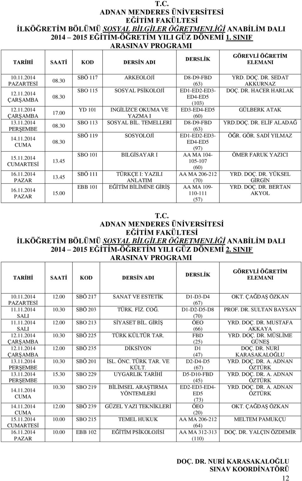 TEMELLERİ D8-D9-FBD (63) SBÖ 119 SOSYOLOJİ ED1-ED2-ED3- (97) SBO 101 BILGİSAYAR I AA MA 104-105-107 (60) SBÖ 111 TÜRKÇE I: YAZILI AA MA 206-212 ANLATIM (70) EBB 101 EĞİTİM BİLİMİNE GİRİŞ AA MA