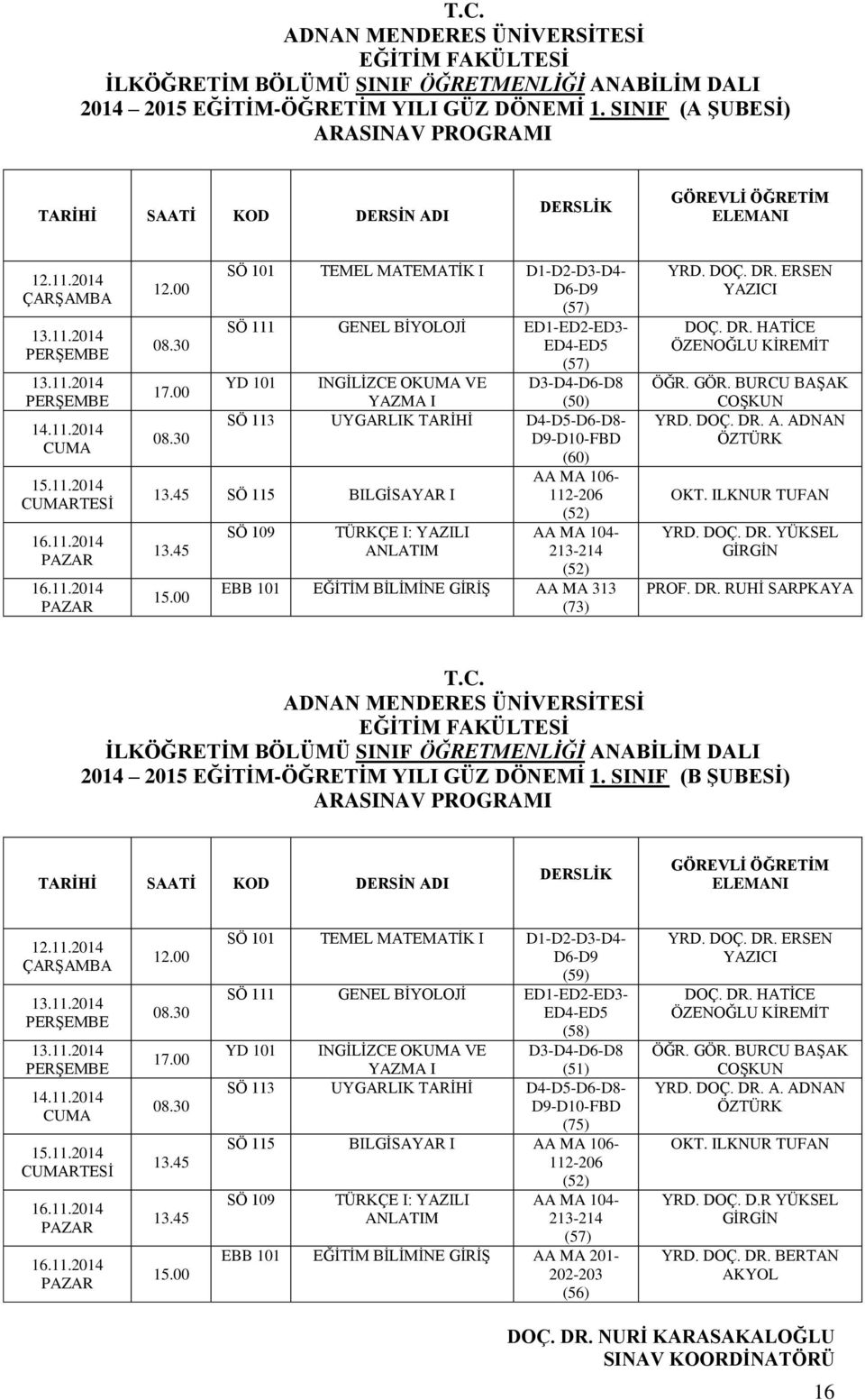 UYGARLIK TARİHİ D4-D5-D6-D8- D9-D10-FBD (60) AA MA 106- SÖ 115 BILGİSAYAR I 112-206 15.00 SÖ 109 TÜRKÇE I: YAZILI ANLATIM (52) AA MA 104-213-214 (52) EBB 101 EĞİTİM BİLİMİNE GİRİŞ AA MA 313 (73) YRD.