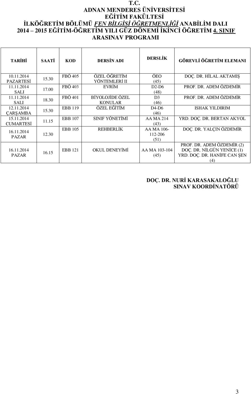 YÖNETİMİ AA MA 214 (43) EBB 105 REHBERLİK AA MA 106-112-206 (51) EBB 121 OKUL DENEYİMİ AA MA 103-104 (45) DOÇ. DR. HİLAL AKTAMIŞ PROF. DR. ADEM ÖZDEMİR PROF.