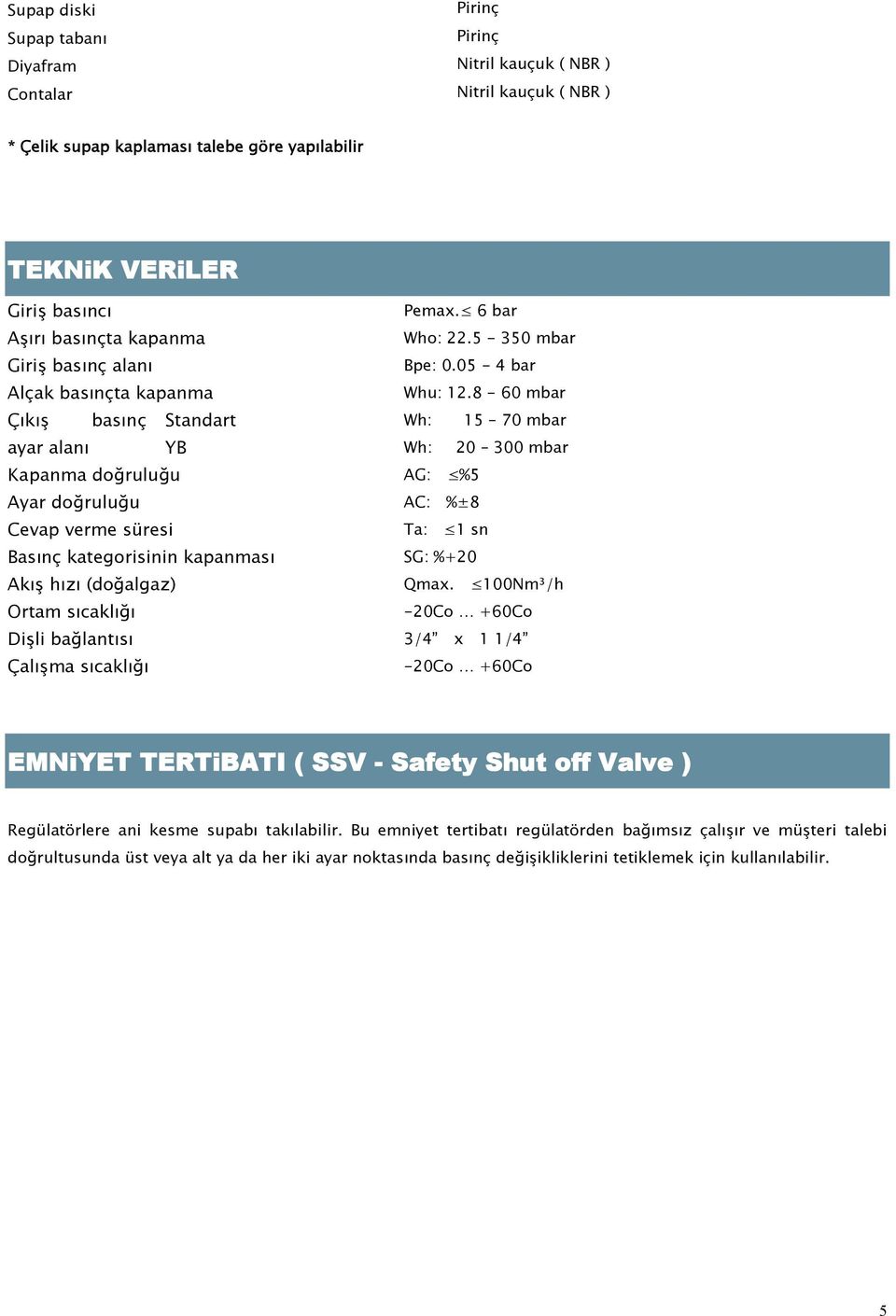 8-60 mbar Çıkış basınç Standart Wh: 15 70 mbar ayar alanı YB Wh: 20 300 mbar Kapanma doğruluğu AG: %5 Ayar doğruluğu AC: %±8 Cevap verme süresi Ta: 1 sn Basınç kategorisinin kapanması SG: %+20 Akış