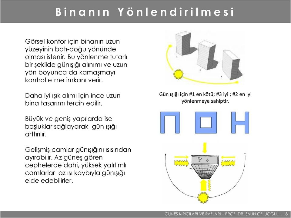 Daha iyi ışık alımı için ince uzun bina tasarımı tercih edilir. Gün ışığı için #1 en kötü; #3 iyi ; #2 en iyi yönlenmeye sahiptir.