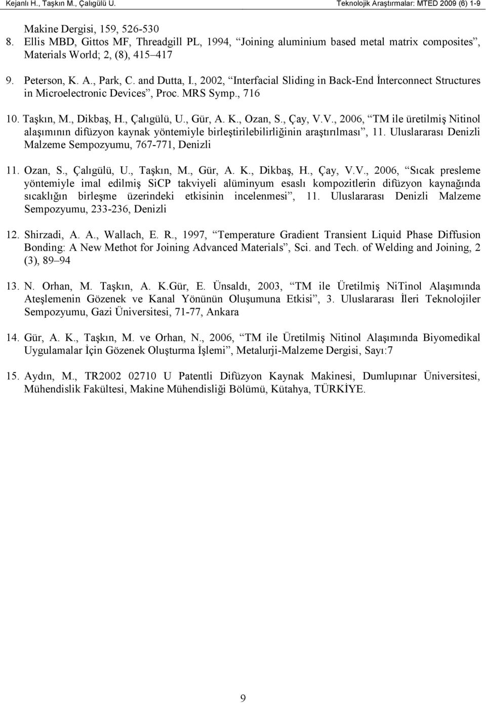 , 00, Interfacial Sliding in Back-End Đnterconnect Structures in Microelectronic Devices, Proc. MRS Symp., 71 10. Taşkın, M., Dikbaş, H., Çalıgülü, U., Gür, A. K., Ozan, S., Çay, V.