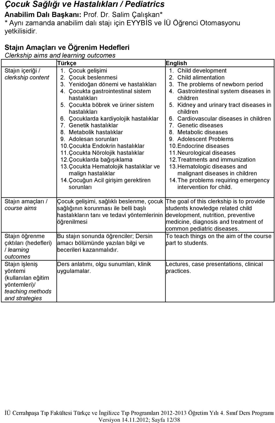 Çocukta gastrointestinal sistem hastalıkları 5. Çocukta böbrek ve üriner sistem hastalıkları 6. Çocuklarda kardiyolojik hastalıklar 7. Genetik hastalıklar 8. Metabolik hastalıklar 9.