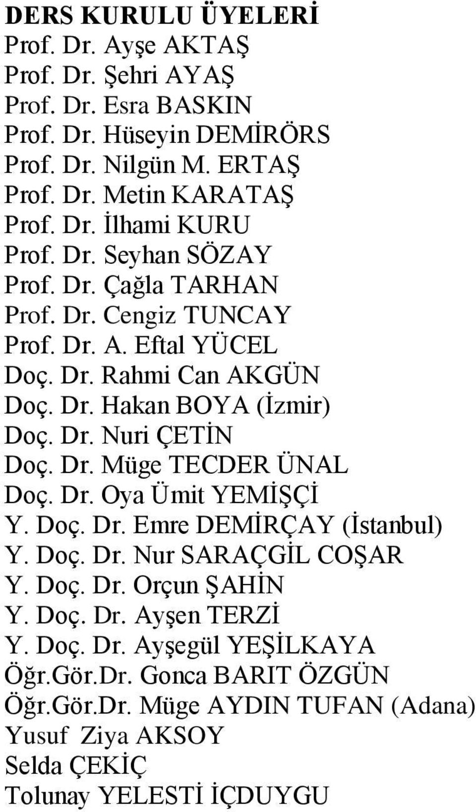 Dr. Nuri ÇETİN Doç. Dr. Müge TECDER ÜNAL Doç. Dr. Oya Ümit YEMİŞÇİ Y. Doç. Dr. Emre DEMİRÇAY (İstanbul) Y. Doç. Dr. Nur SARAÇGİL COŞAR Y. Doç. Dr. Orçun ŞAHİN Y. Doç. Dr. Ayşen TERZİ Y.