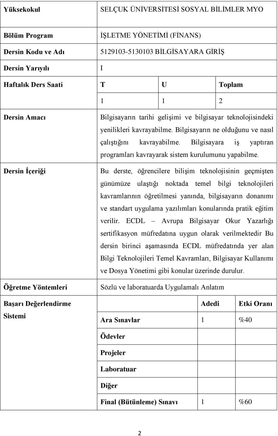 Bu derste, öğrencilere bilişim teknolojisinin geçmişten günümüze ulaştığı noktada temel bilgi teknolojileri kavramlarının öğretilmesi yanında, bilgisayarın donanımı ve standart uygulama yazılımları