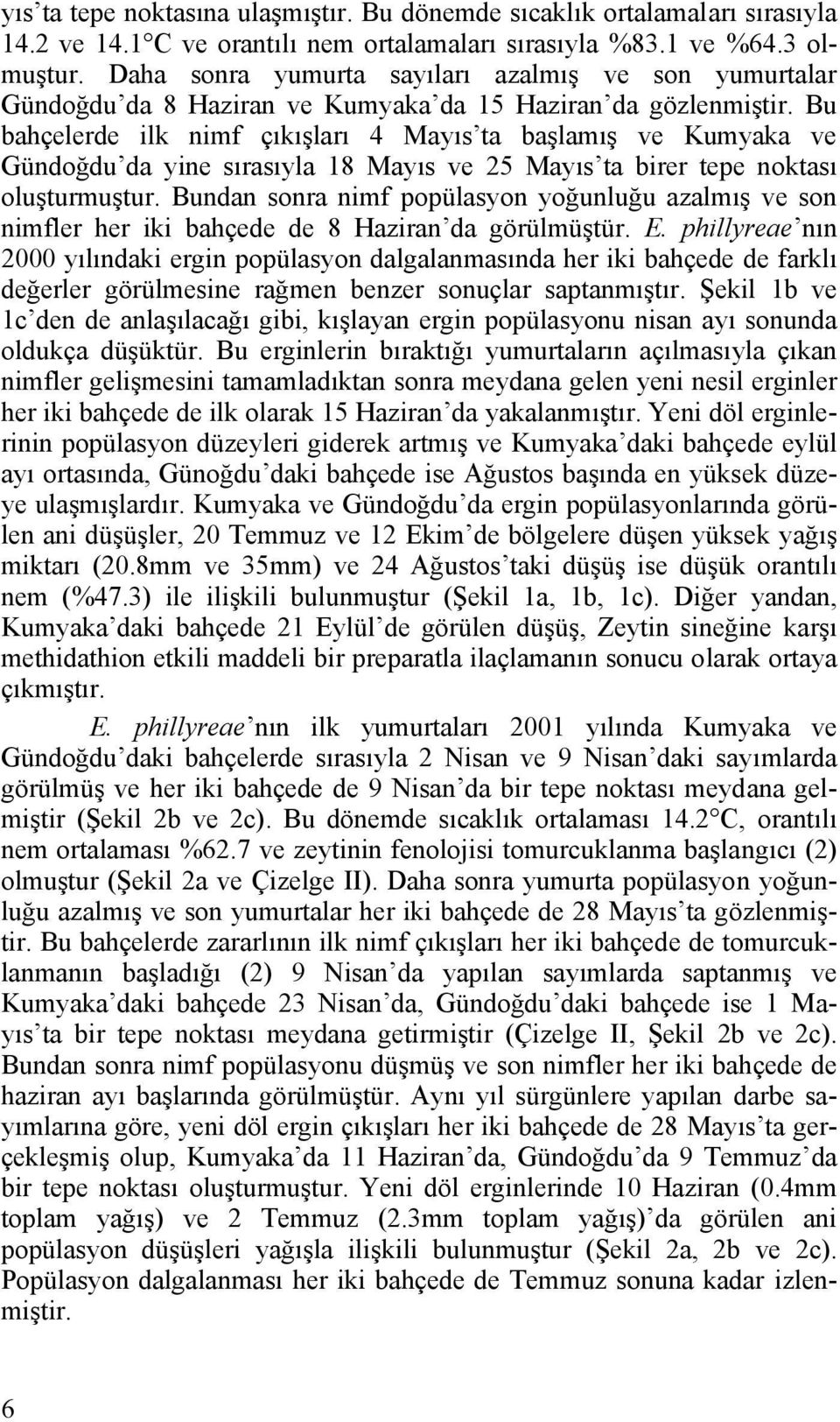 Bu bahçelerde ilk nimf çıkışları Mayıs ta başlamış ve Kumyaka ve Gündoğdu da yine sırasıyla Mayıs ve 5 Mayıs ta birer tepe noktası oluşturmuştur.