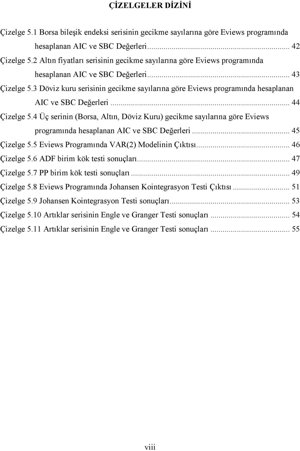 .. 44 Çizelge 5.4 Üç serii (Borsa, Alı, Döviz Kuru) gecikme sayılarıa göre Eviews programıda hesaplaa AIC ve SBC Değerleri... 45 Çizelge 5.5 Eviews Programıda VAR() Modelii Çıkısı... 46 Çizelge 5.