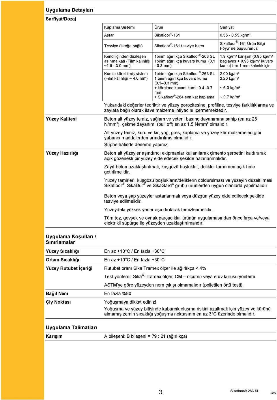 0 mm) 1birim ağırlıkça Sikafloor -263 SL 1birim ağırlıkça kuvars kumu (0.1-0.3 mm) 1.9 kg/m² karışım (0.95 kg/m² bağlayıcı + 0.