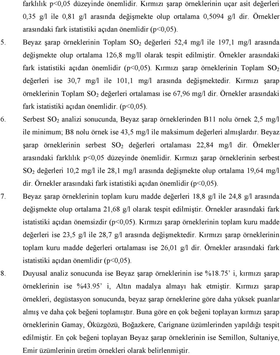 Beyaz şarap örneklerinin Toplam SO 2 değerleri 52,4 mg/l ile 197,1 mg/l arasında değişmekte olup ortalama 126,8 mg/ll olarak tespit edilmiştir.